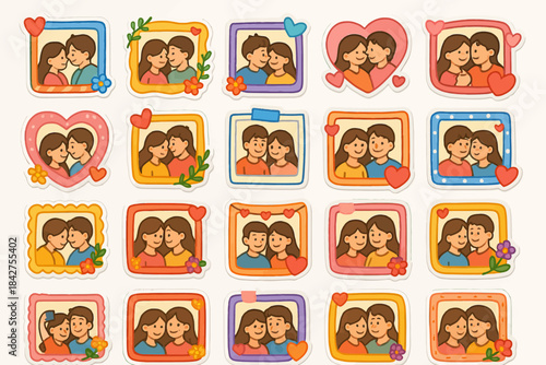 Collection of diverse cartoon couple portraits in decorative frames