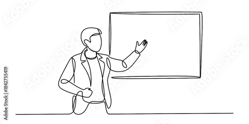 Continuous line drawing of a speaker giving a presentation next to a whiteboard Vector, illustration