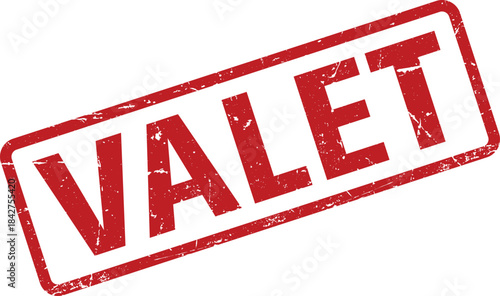 Distressed Red VALET Rubber Stamp on White Background, Showing Wear and Texture Detailing