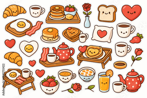 Cute breakfast stickers with smiling foods, pancakes, eggs, and coffee
