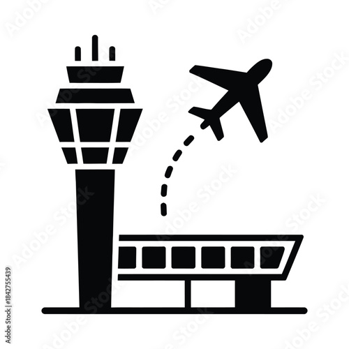 Airplane landing at airport control tower