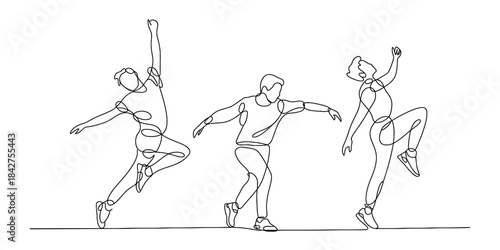 Abstract continuous line drawing showing three people in dynamic dance poses Vector, illustration