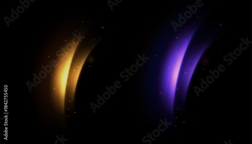 Glowing arc flashes with a soft trail against a dark background. Abstract lighting accents for UI, posters, game VFX, intros, and overlays. Vector.