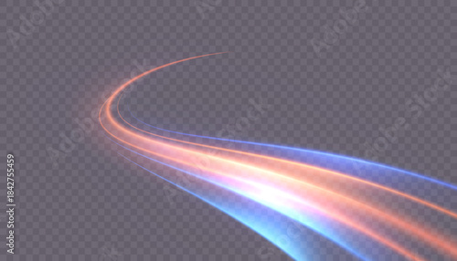 A long, smoothly rotating light beam in warm orange and cool blue tones, with a soft glow and a speed effect. Suitable for overlays in design and illustrations. Vector.