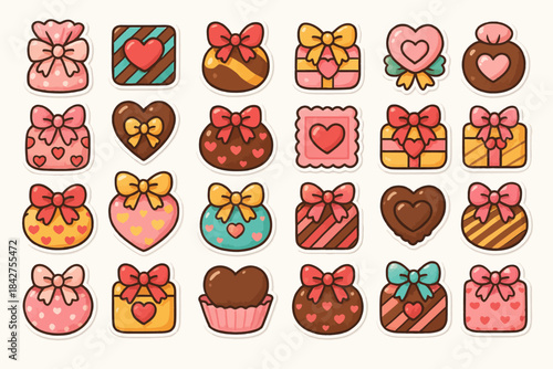 Set of cute heart and gift-themed chocolate dessert stickers