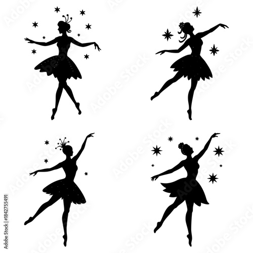 Four Ballerinas Dancing with Stars Silhouette on White Background dancer ballet