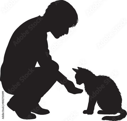 Man Squatting Petting Cat Silhouette Vector Illustration
