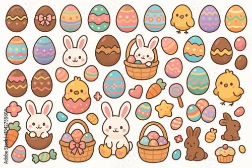 Colorful cartoon easter scene with bunnies, chicks, eggs, and carrots