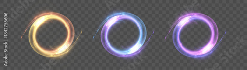 A set of circular glowing gold, blue, and purple rings with a soft glow and subtle particles, reminiscent of an energy portal or light frame. Vector image for overlays in design and illustrations.