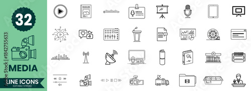 Media Line Icons Set Multimedia, Content Creation, Broadcasting, Video & Audio Outline Icon Pack