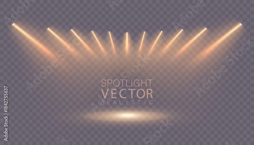 Warm stage spotlights with soft beams and a circular illuminated spot on the floor. Suitable for posters, presentations, advertising layouts, show banners, and stage and podium illustrations. Vector.