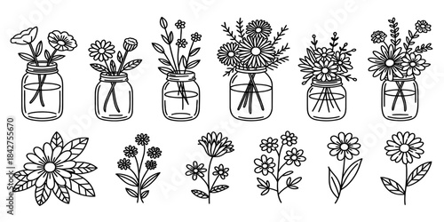 A collection of doodle style flower bouquets in jars and individual floral elements Vector, illustration