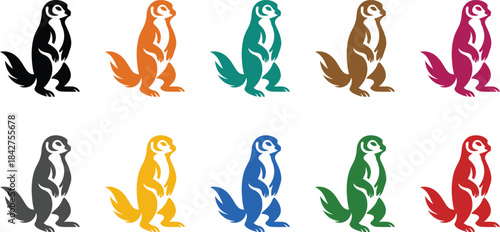 Colorful meerkat icons standing upright on white background, Multicolor meerkat silhouettes animal set