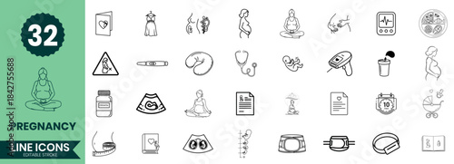 Pregnancy Line Icons Set Maternity, Prenatal Care, Motherhood, Baby Health, Medical Outline Symbols