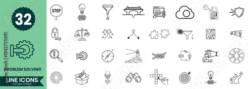 Problem-Solving Line Icons Set Critical Thinking, Analysis, Creativity, Strategy, Solution Outline Icon Pack