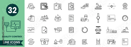 Quality Control Line Icons Set Inspection, Certification, Standards, Testing & Manufacturing QA Outline Pack