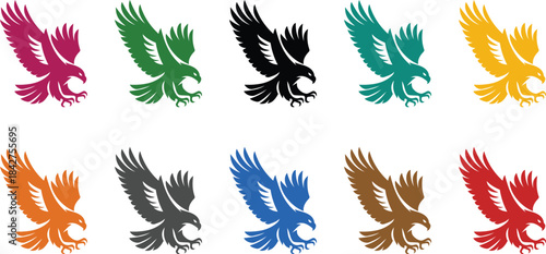 Colorful eagle icons in flight on white background, Multicolor flying eagle silhouettes illustration