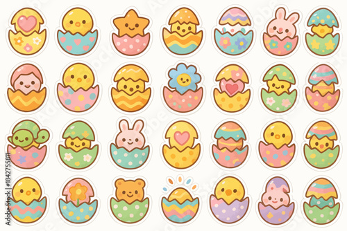 Colorful easter eggs and cute animals in decorative patterns