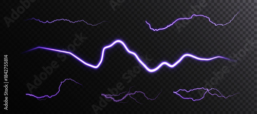 A set of bright electric lightning bolts with purple highlights and neon shimmer. Bright vector lightning bolts for design and illustrations on a dark background.