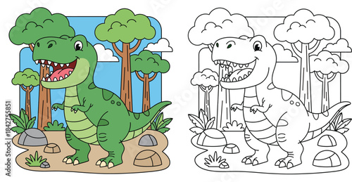 Cute cartoon T-rex dinosaur vector illustration with black and white outline for coloring book page educational printable for kids in prehistoric forest