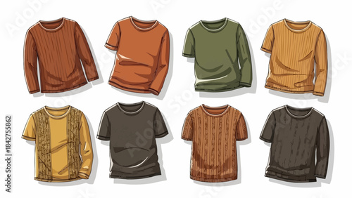 Collection of eight cozy autumn sweaters and long-sleeved shirts displayed in two rows.
