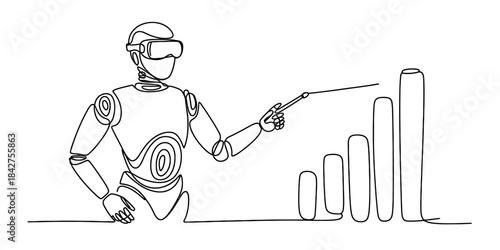 A continuous line art drawing of a robot presenting a financial or business growth chart Vector, illustration