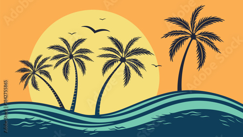 Vector illustration tropical island scene with palm trees and sun at sunset or sunrise on a colorful background
