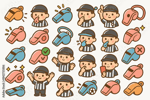 Cartoon referee and colorful whistles pattern with cute expressions and actions