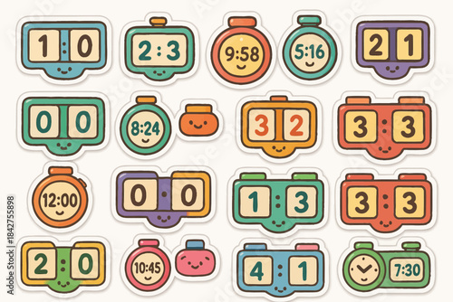 Colorful cartoon clocks with smiling faces displaying various times