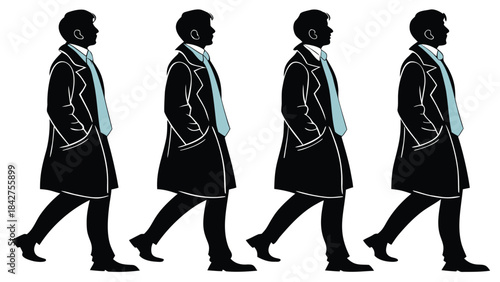 Vector illustration silhouette of a businessman walking in four different positions in black