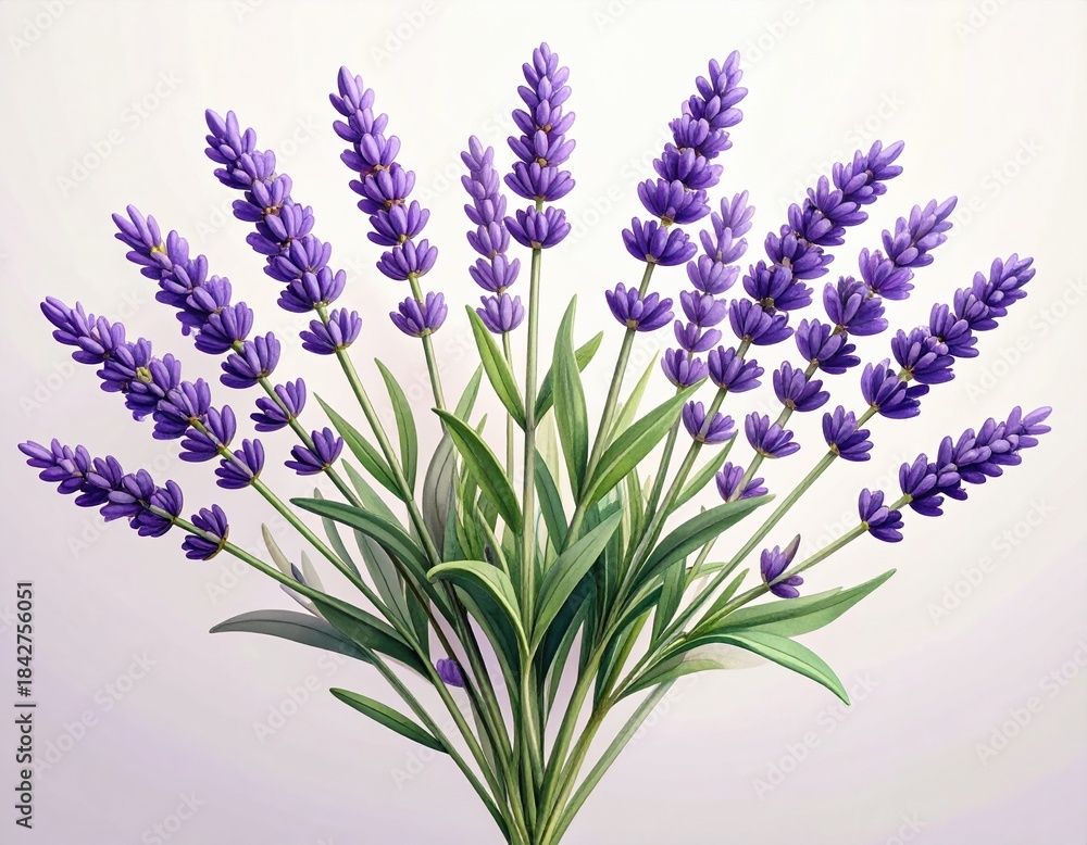 Fototapeta premium Beautiful lavender bouquet with vibrant purple flowers and lush green leaves arranged artistically