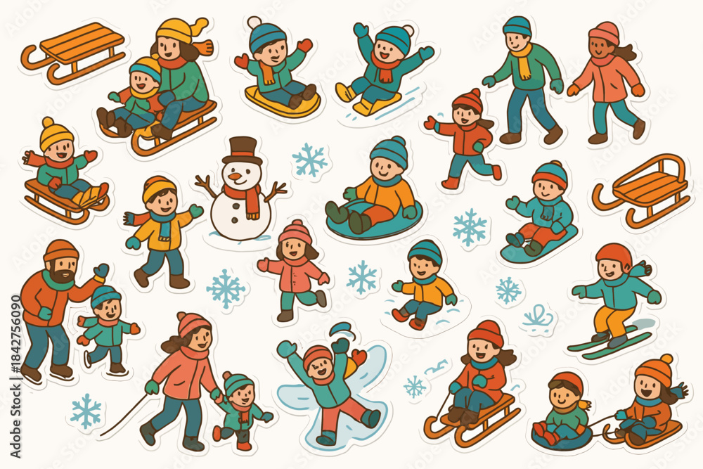 Fototapeta premium Winter fun: children and adults enjoying sledding and skating with snowman illustration