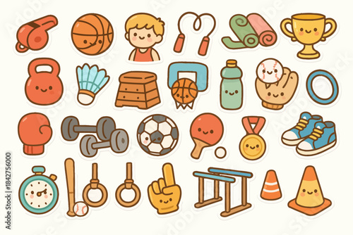Cartoon sports equipment with smiling faces: whistle, basketball, young child, dumbbells, soccer ball