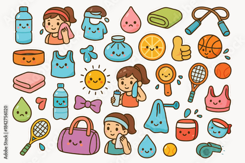 Cute cartoon exercise and wellness icons with women and sports equipment