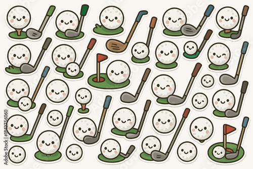 Cute cartoon golf balls and clubs pattern with smiley faces