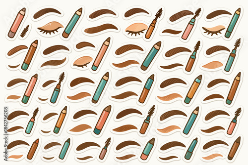 Colorful makeup pattern with eyebrow pencils and mascara on white background