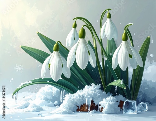Snowdrop flowers blooming in winter snow with icicles and green leaves surrounded by melting snow