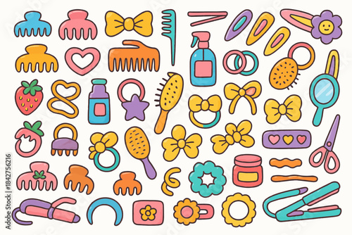 Colorful hair accessories collection with combs, bows, and brushes