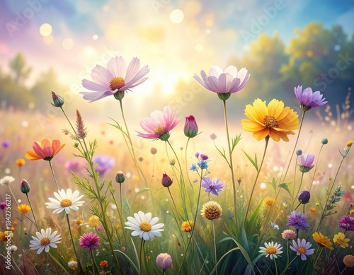 Colorful Wildflowers Blooming in a Sunlit Field on a Beautiful Spring Day