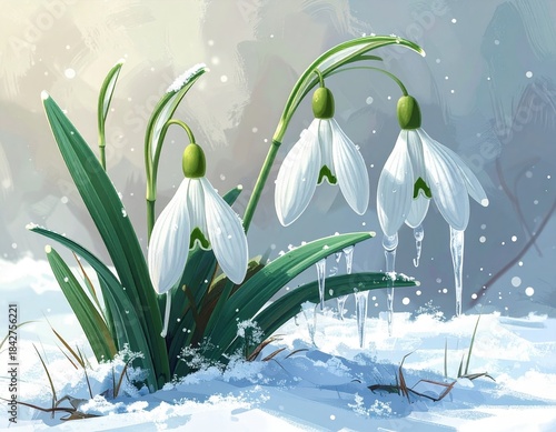 Snowdrop Flowers Emerging from Snow with Icicles and Frosty Green Leaves in Winter Scene