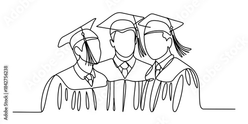 Continuous line drawing of three graduating students celebrating their academic achievement Vector, illustration