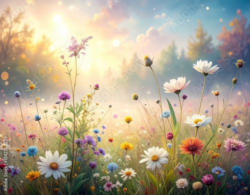 Vibrant wildflower meadow during sunrise with soft light and mist in a serene natural landscape