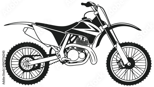 Vector illustration black and white line art of a dirt bike motorcycle with detailed design