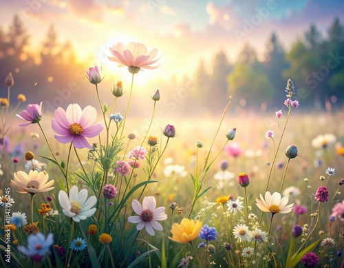 Beautiful wildflower meadow blooming under sunlight with colorful flowers and soft background scenery