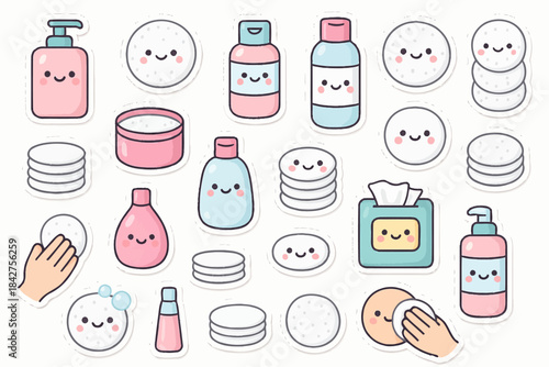 Cute skincare cartoon stickers with lotion, bottles, cotton pads, and hand graphics