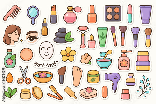 Cartoon beauty and skincare icons collection with tools and cosmetics