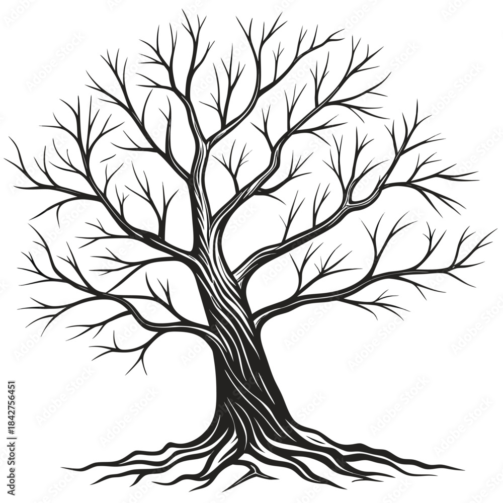 Obraz premium Vector illustration a black and white illustration of a bare tree with exposed roots