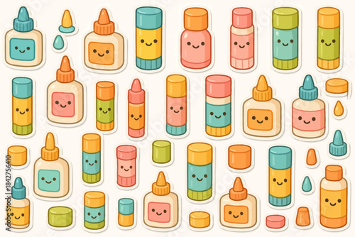 Cute kawaii glue and crayons pattern design with smiling faces in pastel colors
