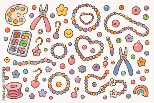Colorful bead craft tools and jewelry with pastel beaded patterns