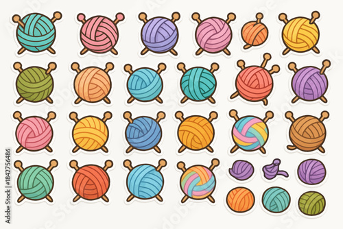 Colorful yarn balls with knitting needles in various arrangements and patterns